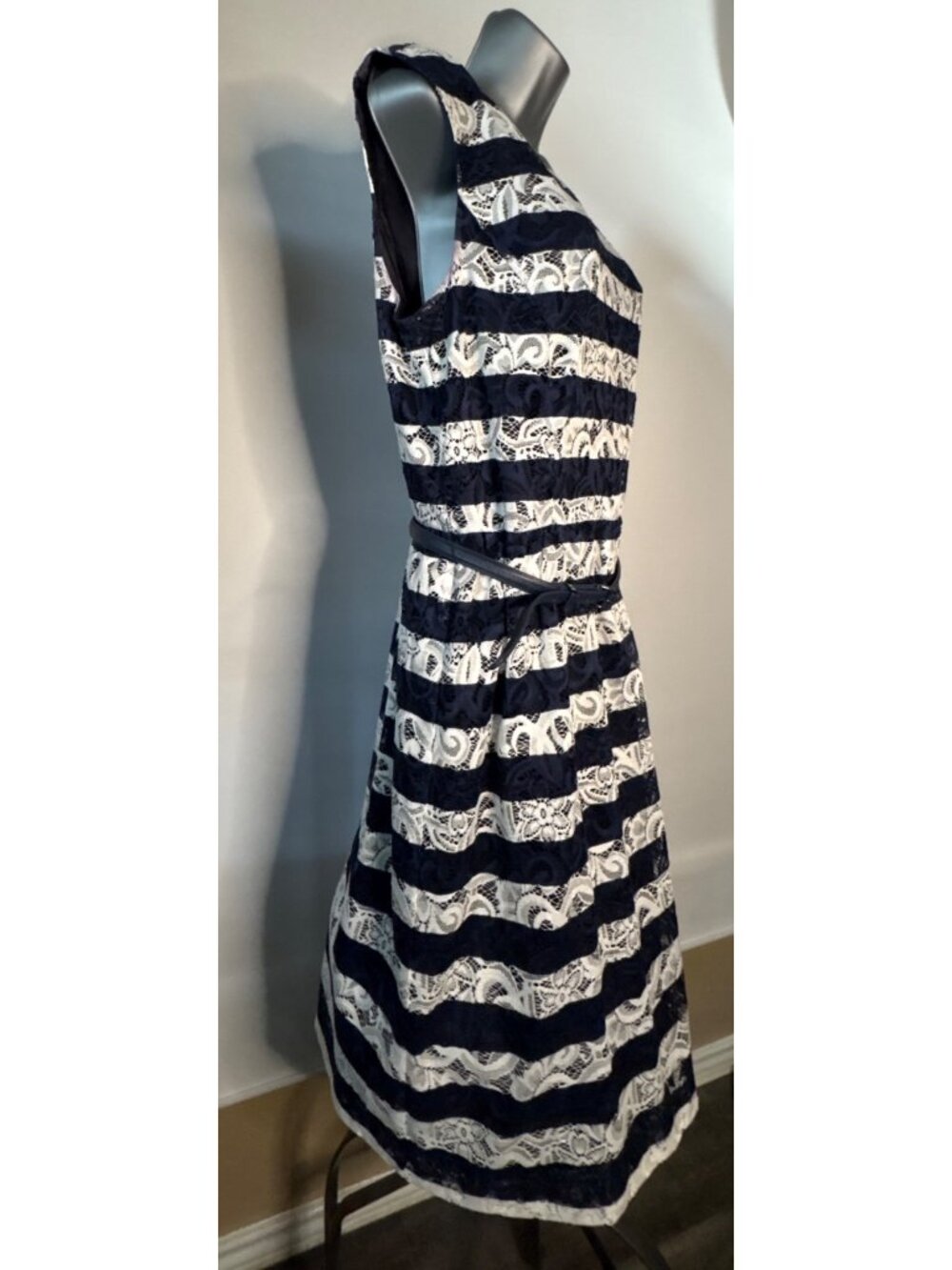 Alex Marie Sleeveless Women's Floral Lace Navy White Striped Nautical Dress (12) - Picture 4 of 15